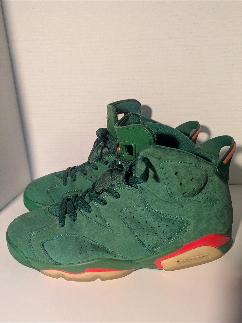 Jordan Men's Green Suede Athletic Shoes with Orange Accents
